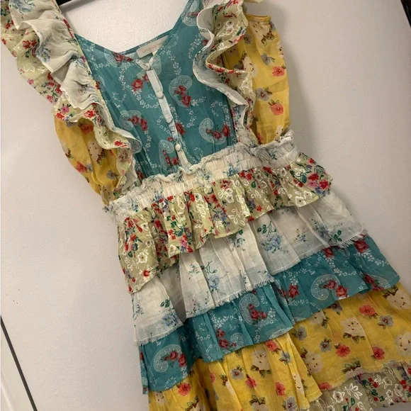 LoveShackFancy Phyllis Ruffled patchwork  floral Cotton mini Dress Cottagecore M - Picture 5 of 8